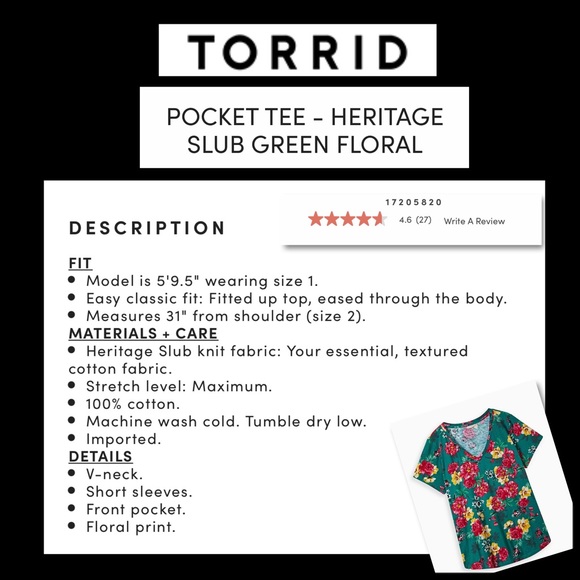 Torrid Pocket Tee Heritage Slub Green Floral NWT Size 00 - Picture 16 of 16